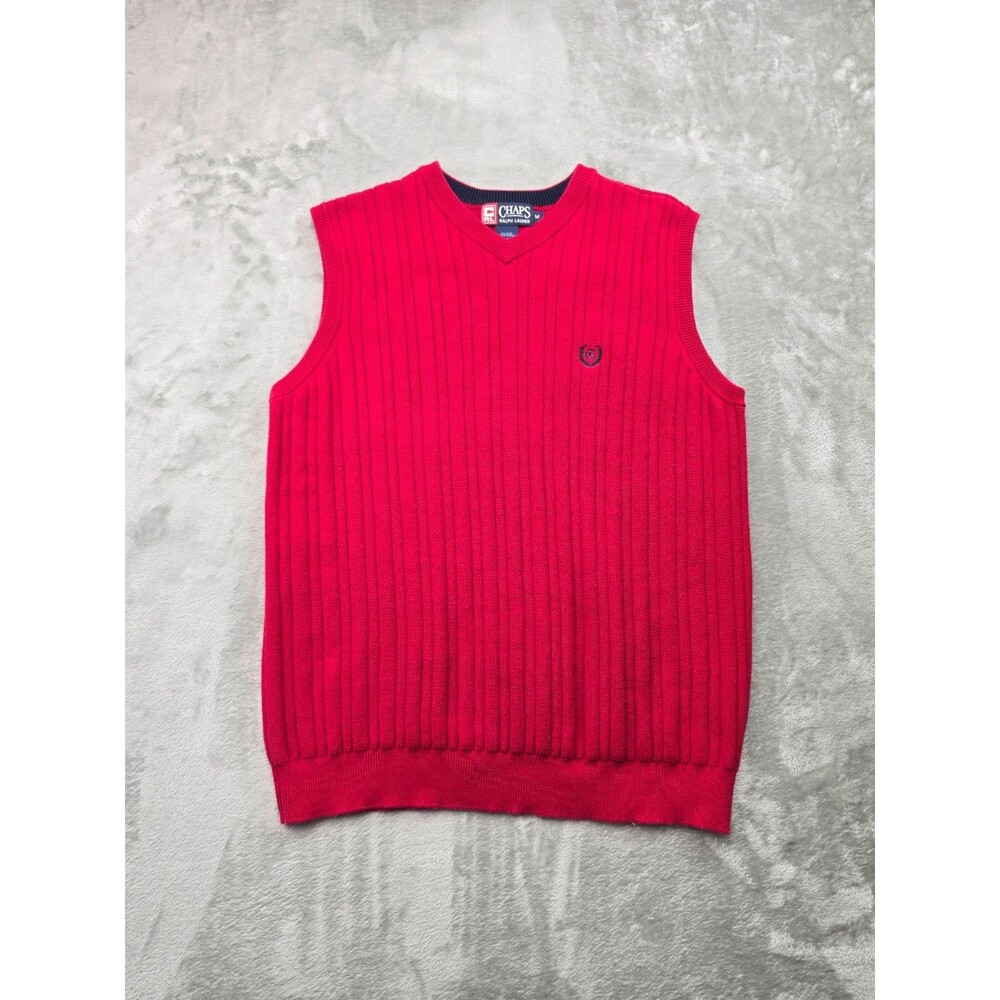 Vintage Chaps Ralph Lauren Red V-Neck Sweater Vest Mens Size M Cotton Preppy Gol